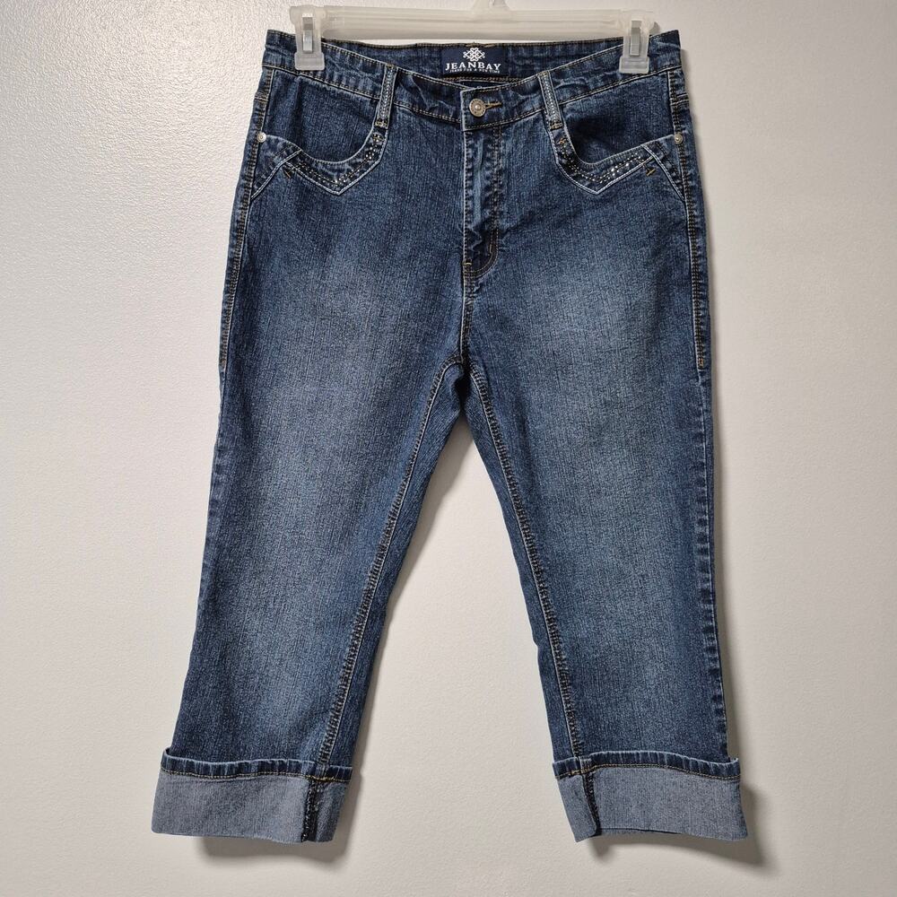 JeanBay Cuffed Capri Jeans Womens Size 12 Blue Denim Sparkly Pocket Accents